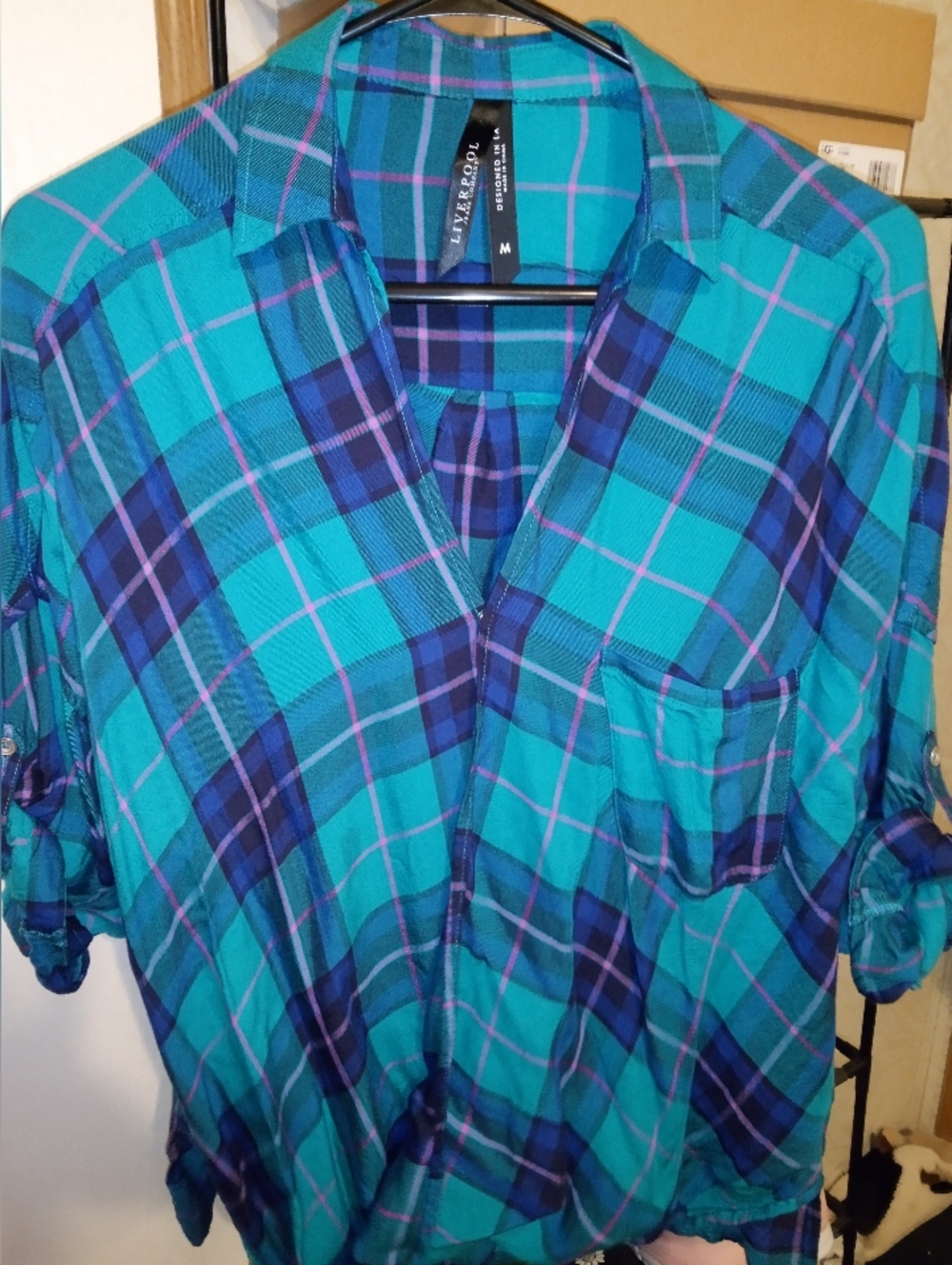 NWOT Liverpool Teal, Navy & Purple Plaid Roll-Tab Blouse Medium.